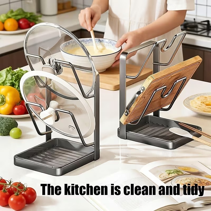 konyhai edényfedő tárolóállvány, edényfedő vágódeszka tartó kivehető csepptálcával, helytakarékos konyhai edényfedő szervező állvány pultra 2026 - $21.33 –P2