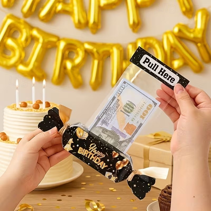 Balení 4 černo-zlatých vytahovacích dárkových krabiček k narozeninám, dárkové balení s překvapením v podobě hotovosti, ideální pro bytové dekorace, oslavy narozenin dospělých, výročí a dárky k 2026 - $16.99 –P7