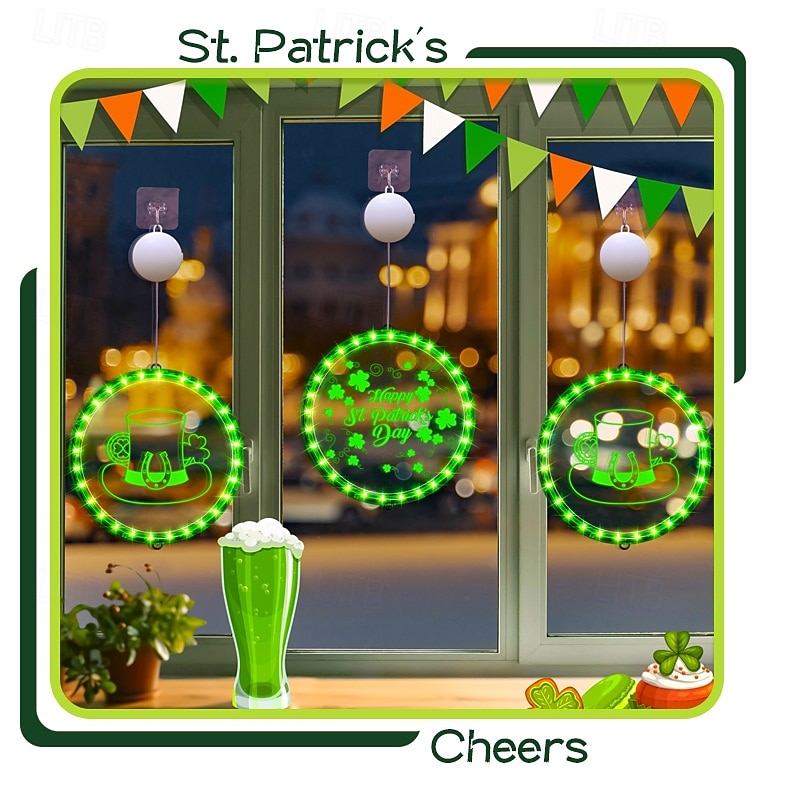 2026年 アイルランドの聖パトリックの日の飾り、LED吊り下げライト、22/24cmのシャムロック &レプラコーンの帽子の吸盤ライト、屋内ドア、窓、壁、パーティー、休日の装飾、単4電池ボックス付き  コレクション – $16.49 –P4