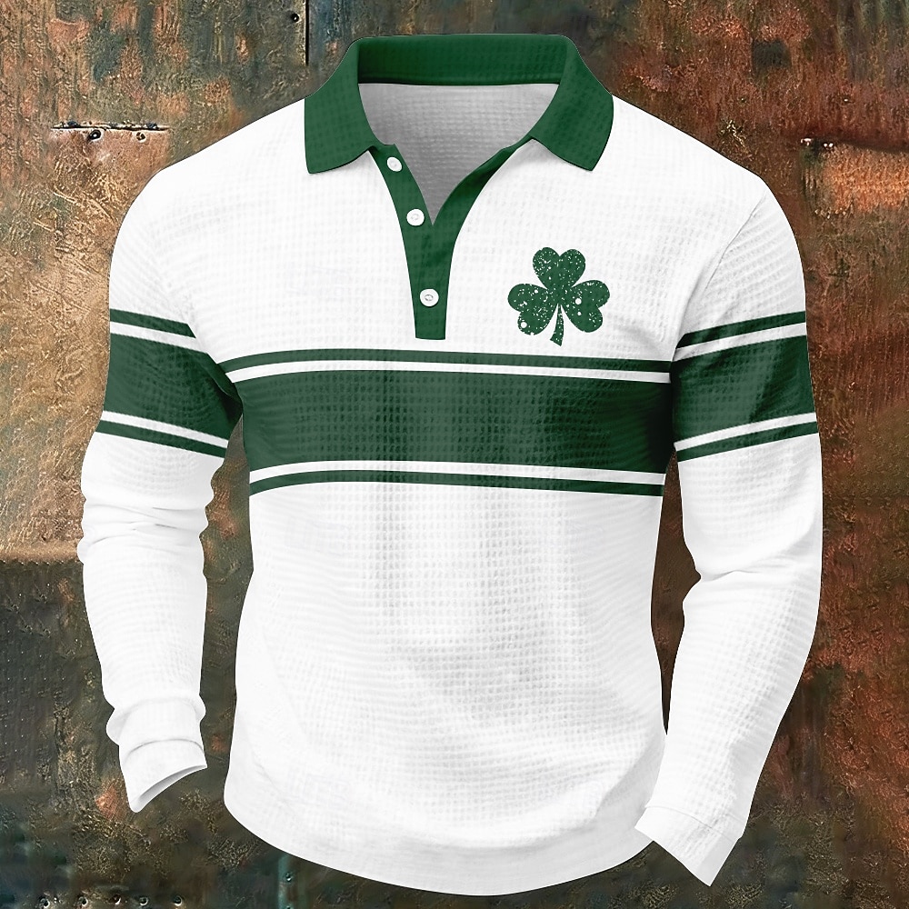 St Patrick's Day Men's Shamrock Waffle Polo Shirts Long Sleeve Polo Shirts Collared Shirts Casual Daily Wear Festival Outfit Buttons Spring Fall White Dark Green Green 2026 - $26.99 –P2