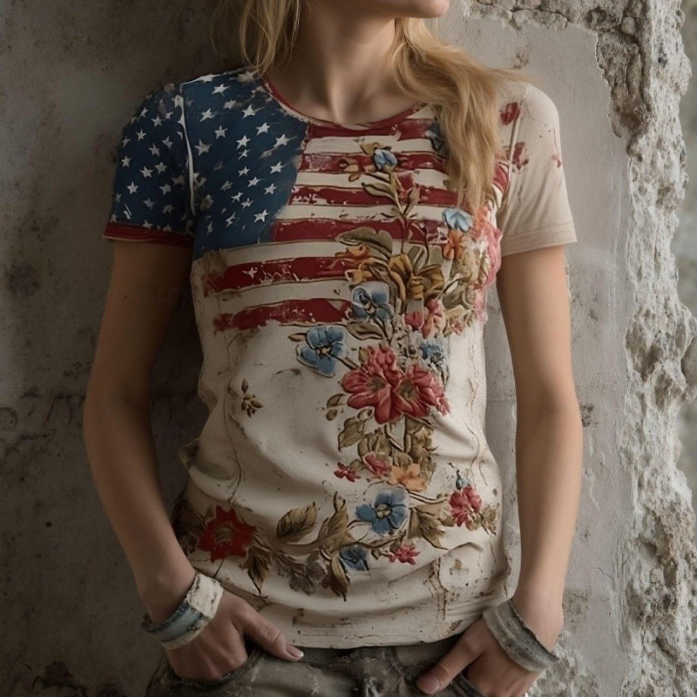 Dia da Independência T-Shirt Patriotica Feminina Gráfica Bandeira Vintage Estilosa Clássica Manga Curta Decote Redondo Decote em V Tops Regulares Diário Estampada Off-White Verão Primavera Outono de 2026 por $22.99 –P1