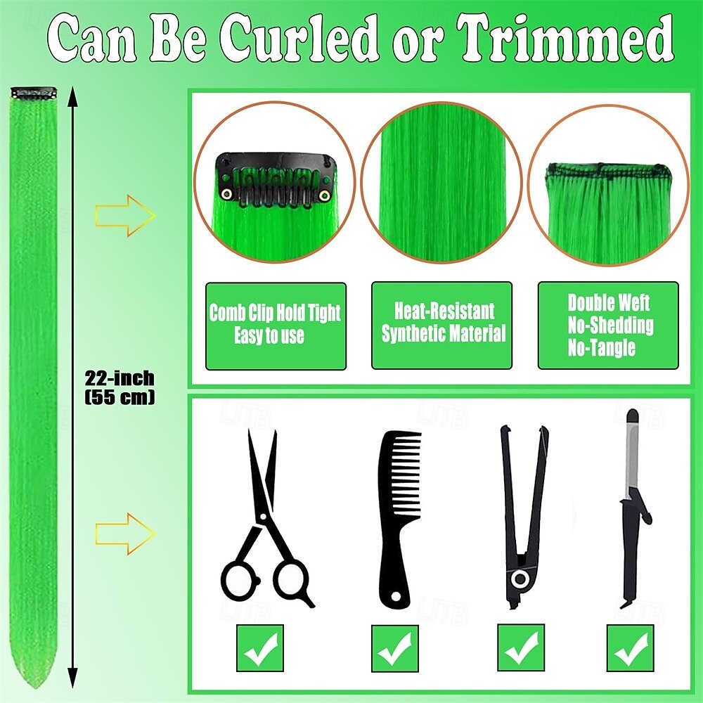 Green Wigs 12 PCS Green Hair Extensions Clip in 22 Inch Colored Hair Accessories Party Highlights Long Straight Synthetic Hairpieces for Women Girls 2026 - $14.49 –P3