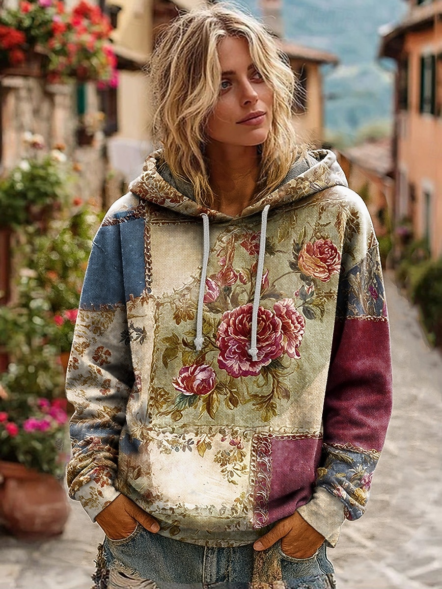 מעיל הודי וינטאג' בוהו לנשים מדפסת תלת ממד פאטצ'וורק מעיל סוודר פרחוני סוודר פולאובר סוודר אוברסייז חם ספורטיבי קפוצ'ון יומיומי פאטצ'וורק שחור לבן צהוב ורוד כהה אביב סתיו חורף 2026 - $28.99 –P1