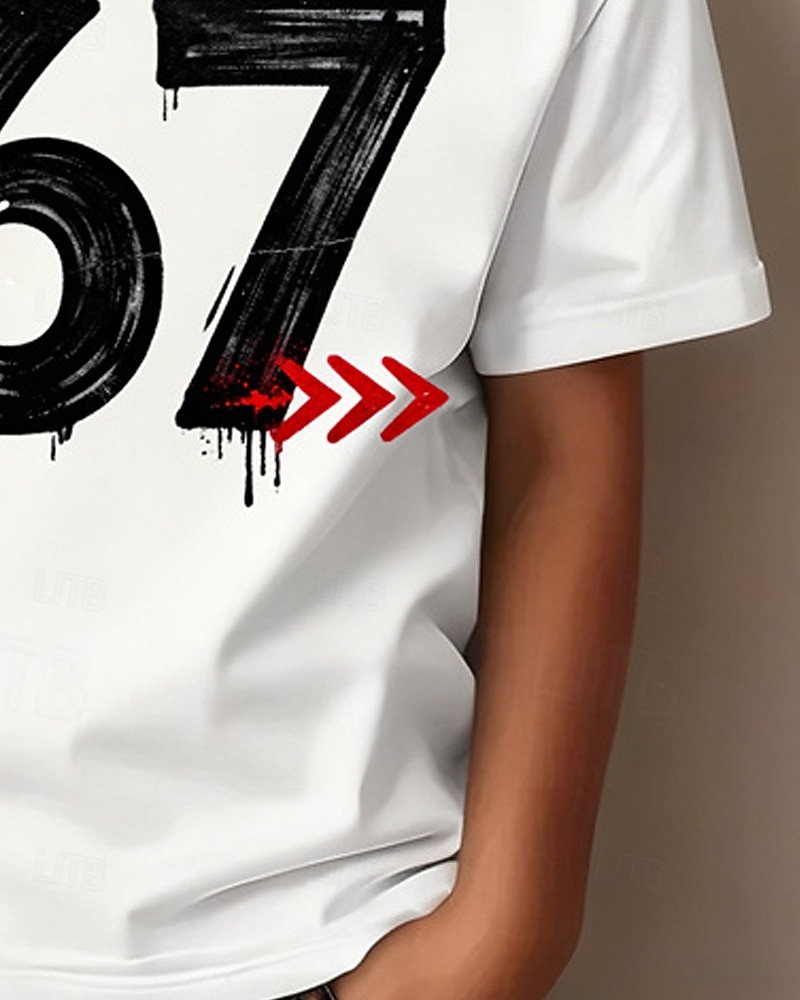 Baumwolle Kinder Jungen Weiß Grafik Lustiger Slang 67 T-Shirt Bluse Rundhalsausschnitt Kurzarm Outdoor Alltagskleidung Mode Streetwear Designer Drucken Sommer 2026 - $14.99 –P5