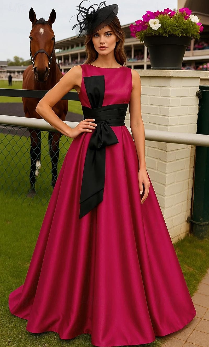 A-linja Kokopitkä Derby-mekko Iltapuku Ball Gown Muodollinen mekko Tyylikäs Hihaton Venekaula-aukko Kentucky Derby Tasku Joustava satiini kanssa Rusetti(rusetit) 2026 - $163.99 –P1