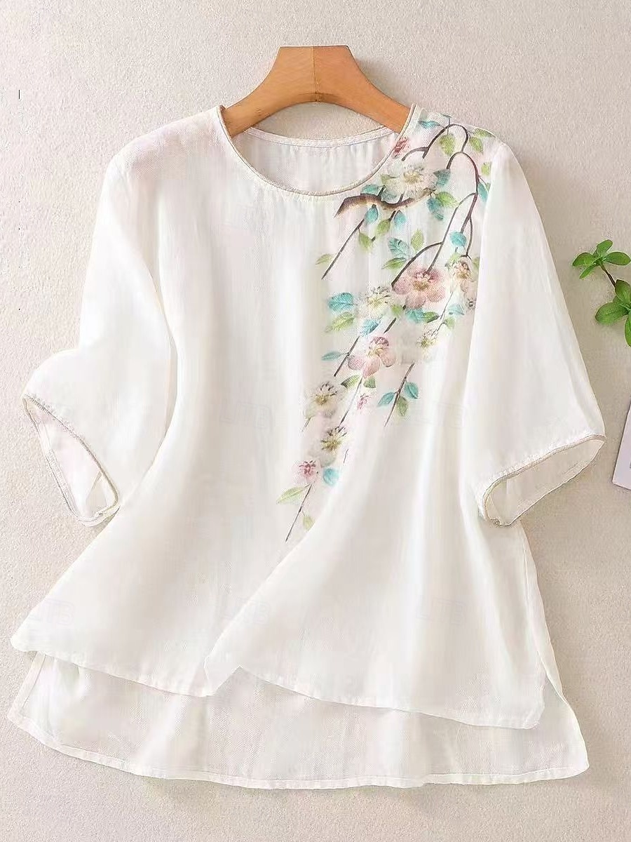Dame T skjorte Trykt mønster Blomstret Mote Moderne Fritid Kortermet Crew-hals Vanlige topper Daglig Helg Hvit Lilla Kakifarget Sommer Vår 2026 - $21.99 –P1