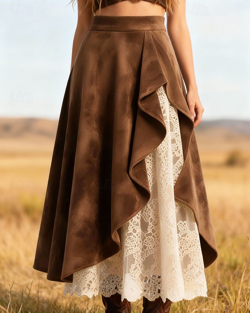 Mujer Vintage Moda Casual Maxi Alta cintura Faldas Plano Encaje Retazos Rígido Microelástico Diario Calle Marrón Primavera 2026 - $42.99 –P1