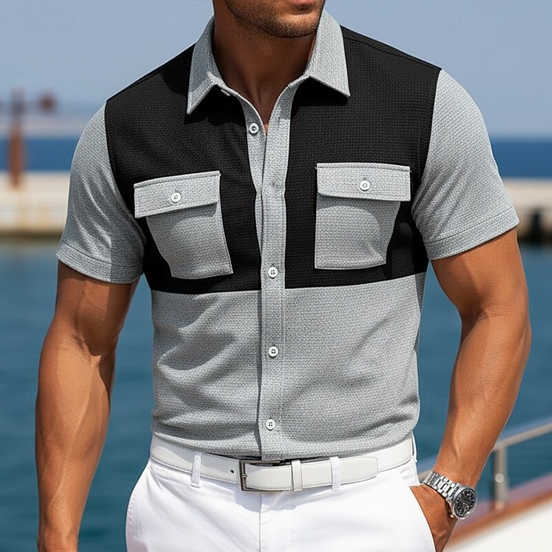 Men's Shirt Waffle Shirt Texture Casual Shirt Button Up Shirt Black Burgundy Military Green Gray Short Sleeve Plain Shirt Collar Casual Daily Front Pocket Clothing Apparel Elegant Fashion Casual 2026 - $25.99 –P1