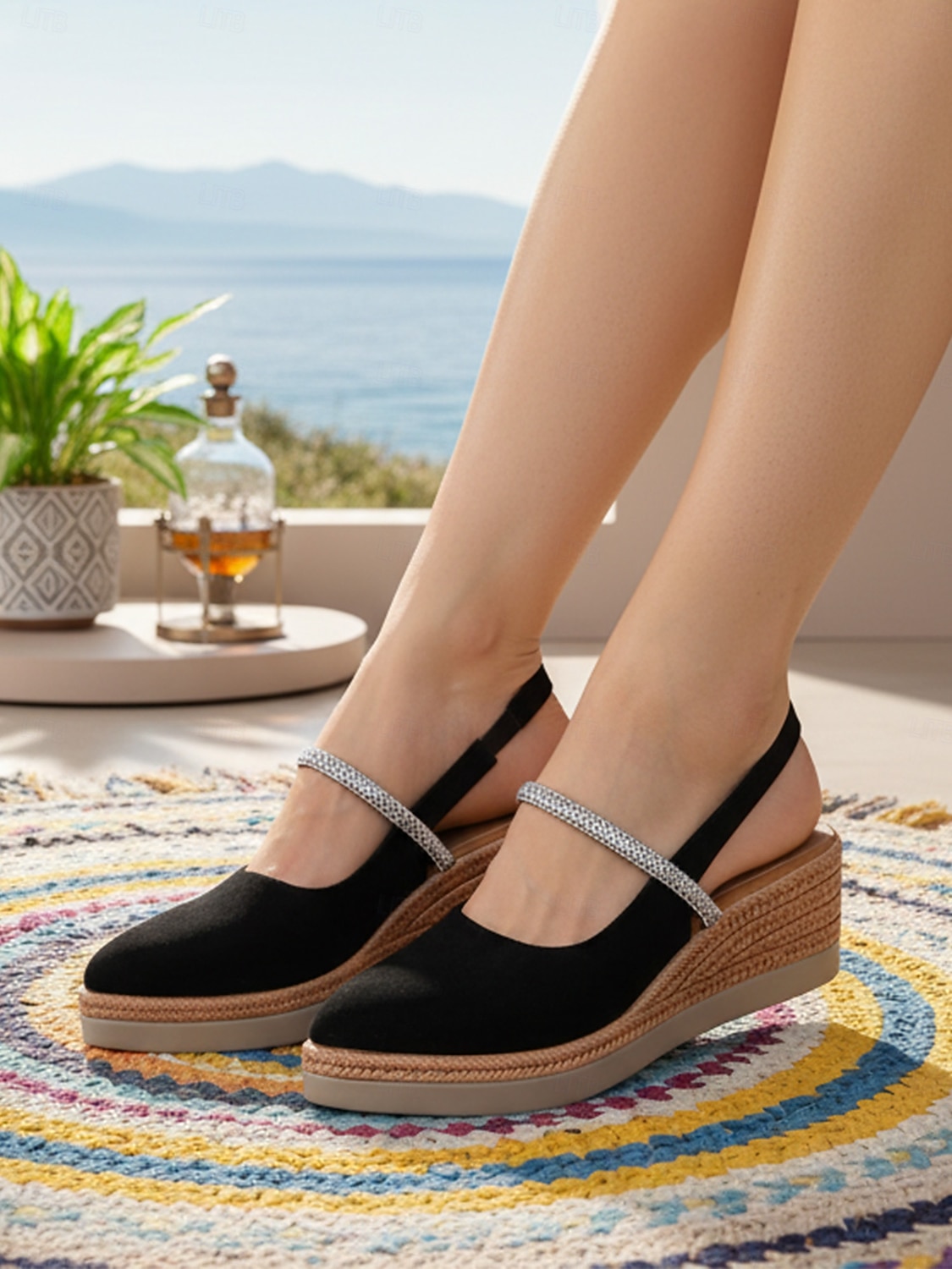 Schwarze Slingback-Keilsandalen für Damen – bequeme Espadrille-Sandalen mit Strassriemen, perfekt für Urlaub, Strand und lässige Sommerausflüge 2026 - $29.99 –P5