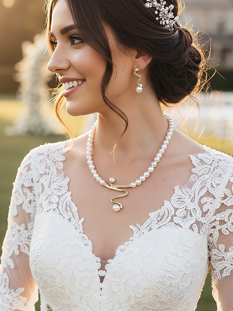 Set de bijuterii pentru femei cu colier și cercei din perle artificiale, design elegant inspirat de șarpe, stil clasic de mireasă, pentru mirese, invitați la nuntă, petreceri de seară și banchete formale 2026 - $9.99 –P2