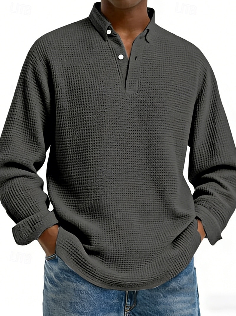 Hombre Camisetas polo con diseño de gofre Camisetas polo Casual Calle Diseño Manga Larga Básico Moderno Plano Botones Primavera Otoño Ajuste regular Negro Blanco Rojo Azul Marino Albaricoque 2026 - $29.99 –P8