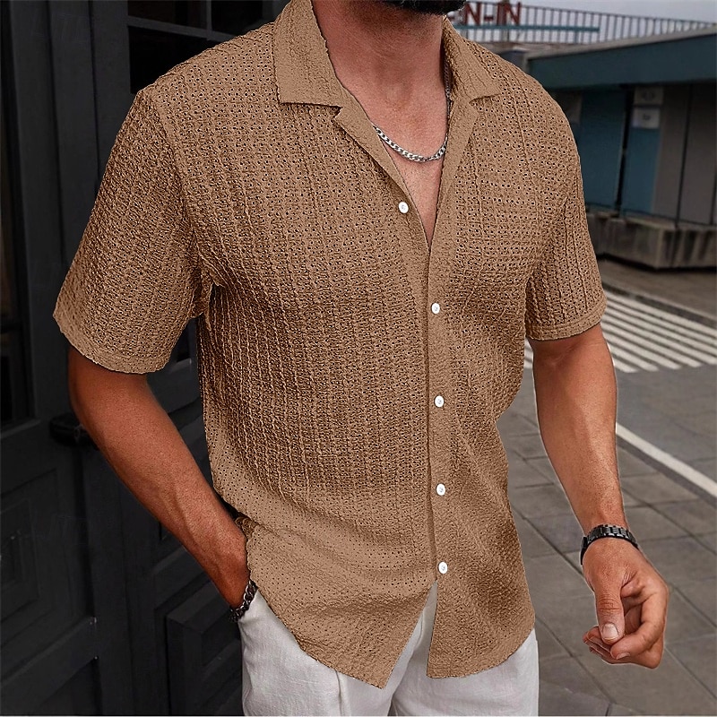 Муж. Рубашка Повседневная рубашка Кнопка рубашка Черный Белый Зеленый Хаки Светло-синий С короткими рукавами Полотняное плетение кубинский воротник Повседневные Уличная одежда Жаккард Одежда 2026 - $18.99 –P5