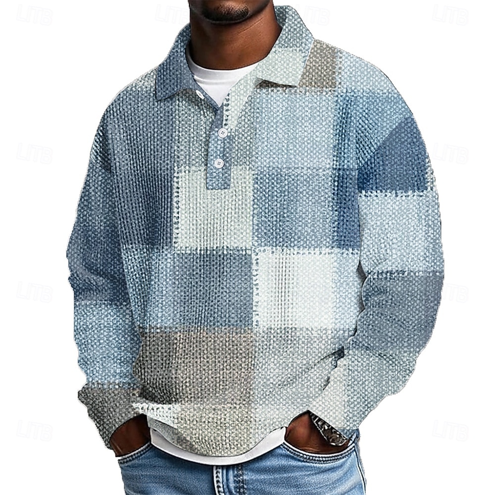 Per uomo Blocco di colori A quadri Magliette Polo a Nido d'Ape Manica Lunga Magliette polo Bavero Abbigliamento Sportivo Casual Scuola Athleisure Abbigliamento quotidiano Stampa 3D Primavera Autunno del 2026 a $28.99 –P2