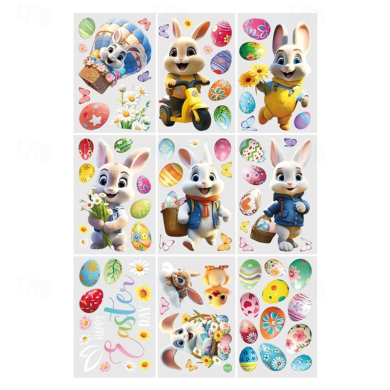 9 listů velikonočních samolepek na okna, velikonoční motocyklový zajíček s roztomilým králíkem a vajíčkem do výlohy, statické samolepky na okna. 2026 - $9.99 –P3