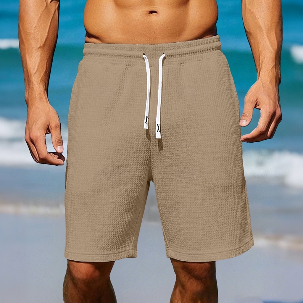 Homens Waffle Calção Shorts de verão Shorts de praia Com Cordão Cintura elástica Côr Sólida Conforto Comprimento do joelho Diário Ao ar livre Streetwear Férias Moda Azul Marinha Cáqui Micro-Elástica de 2026 por $20.99 –P9