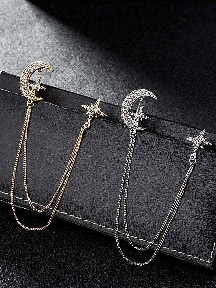 Broche pour homme en alliage de faux diamants en forme de lune et d'étoile, disponible en or et en argent, parfaite pour les mariages et les événements formels. de 2026 ? $9.99 –P4