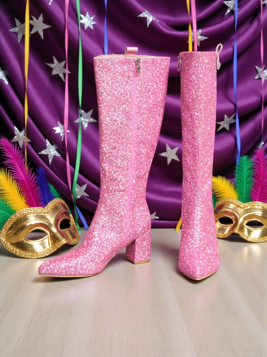 Kobiece różowe buty na kolano z brokatem i szerokimi obcasami – Iskrzące odważne oświadczenie mody idealne na karnawał festiwale i imprezy kostiumowe 2026 - $69.99 –P3
