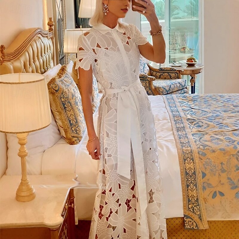 knee length dresses for ladies Zoya Tie-Up Back Lace Maxi Dress White– Selfie Leslie main image 1