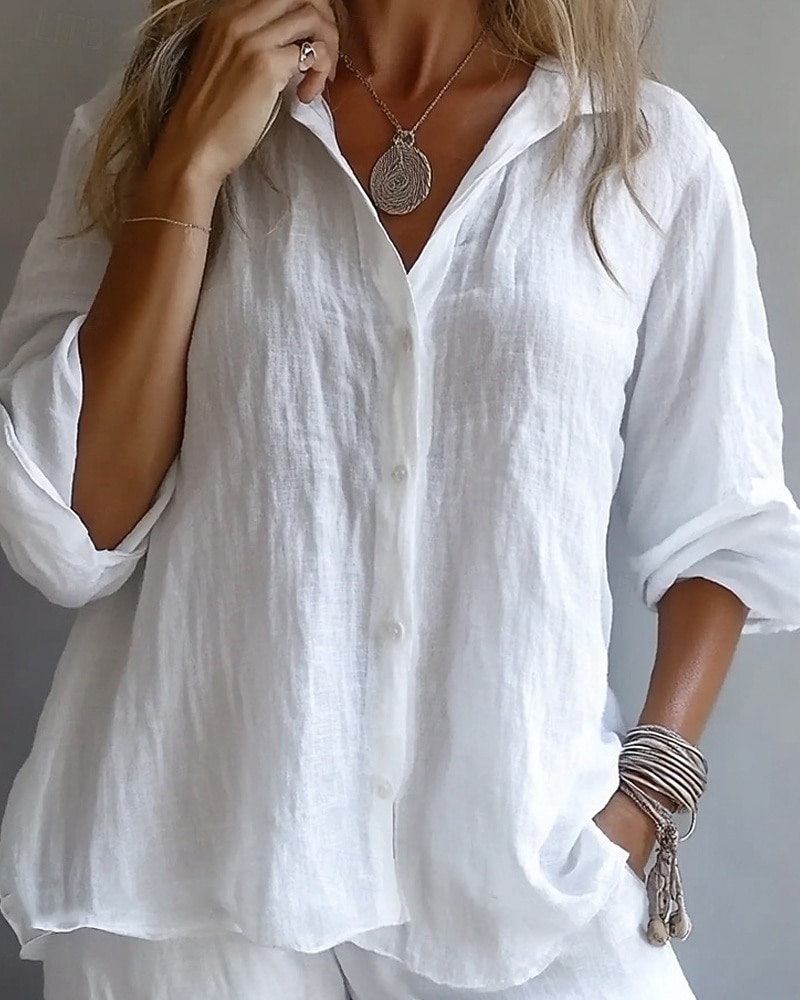 Mujer Camisa Blusa Botones Asimétrico Plano Elegante Activo Manga Larga Cuello Camisero Tops regulares Festivos Noche Blanco Amarillo Rosa Azul cielo Verano 2026 - $26.99 –P1
