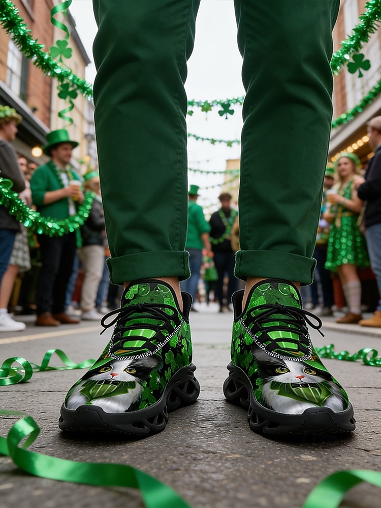 Herrsneakers med St. Patrick's Day-tema – grönt shamrock- och kattmönster, bekväma, perfekta för St. Patrick's Day-fester och roliga evenemang 2026 - $42.99 –P3