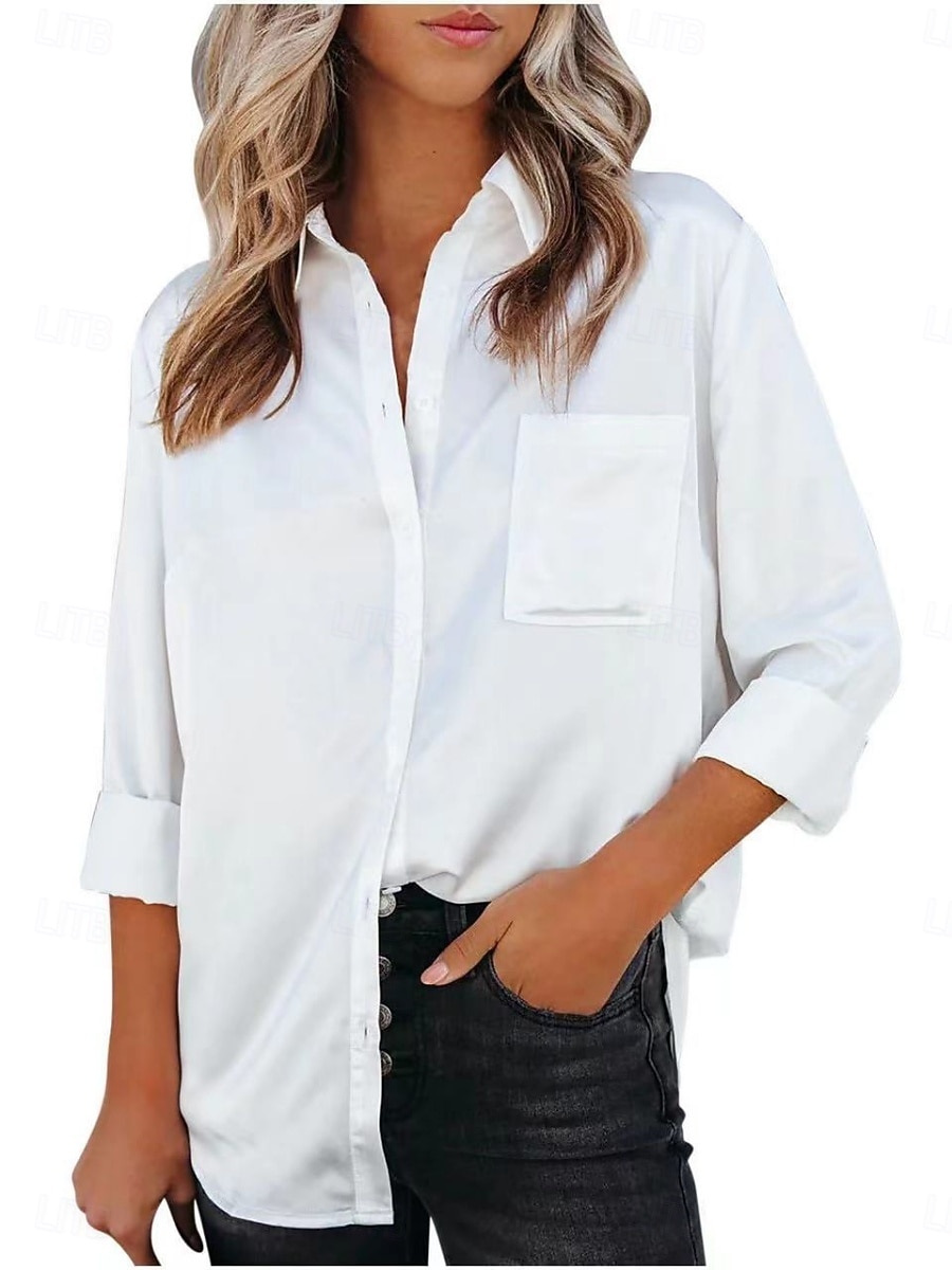 Mulheres Blusa Botões Côr Sólida Elegante Diário à moda Manga Longa Colarinho de Camisa Tops regulares Diário Azul Preto Branco Vinho Bege Verão Outono de 2026 por $24.99 –P3