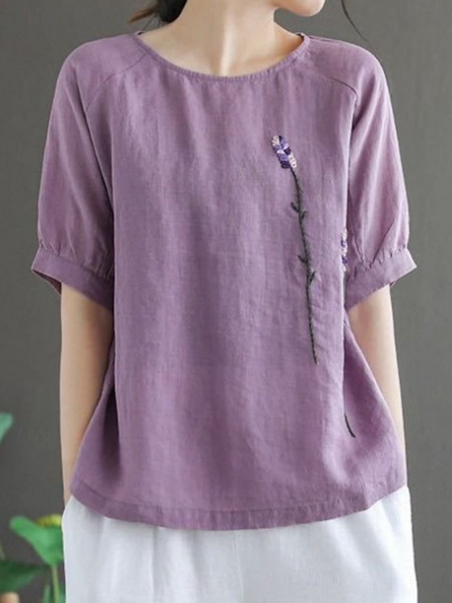 Per donna Blusa Finto cotone e lino Ricamato Tinta unica Elegante Casual Mezza Manica Girocollo Top Regolari Quotidiano Bianco Giallo Viola Estate Primavera del 2026 a $19.99 –P1