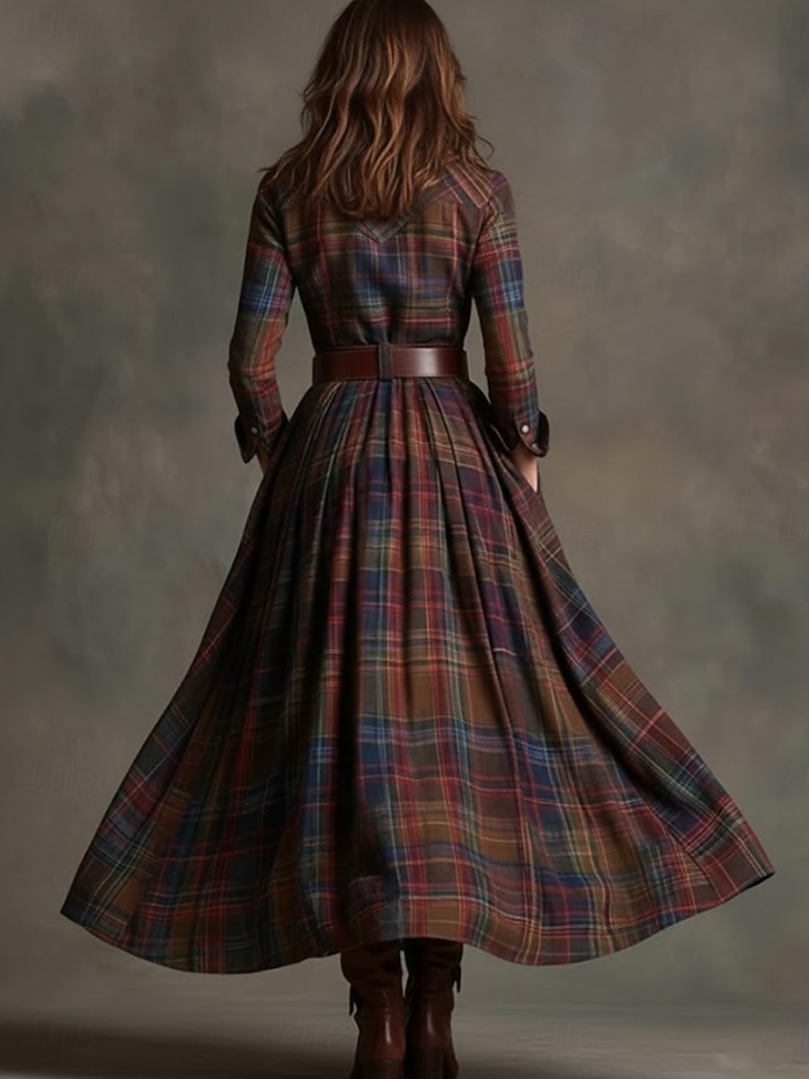 Women's Maxi Dress Shift Dress Vacation Casual Boho Daily Regular Fit Plaid Long Sleeve Lapel Blue Dark Yellow Deep Green Black Spring Fall Winter(No belt) 2026 - ₩85820 –P2