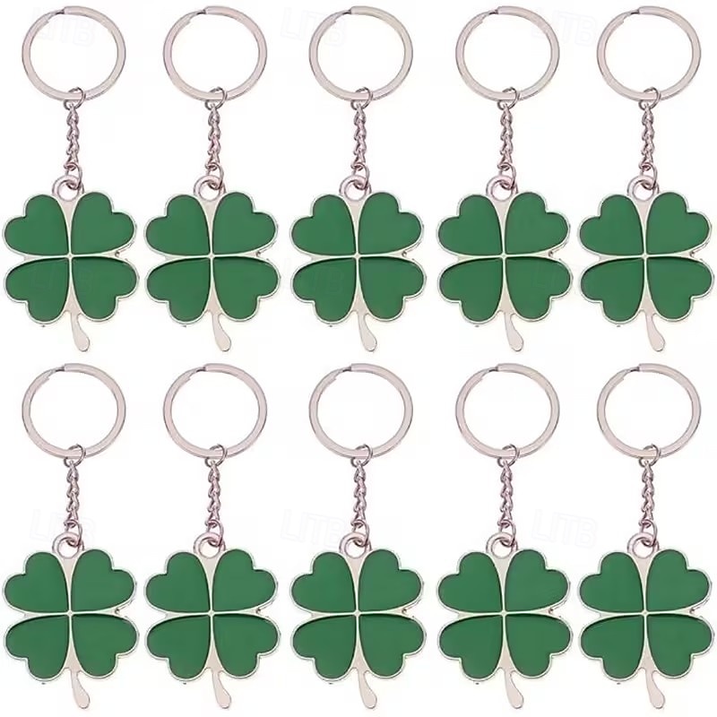 10 Stück Glücksklee-Schlüsselanhänger zum St. Patrick's Day, grüne Kleeblatt-Schlüsselringe aus Edelstahl, verschiedene Ausführungen, perfekte Gastgeschenke &Geschenke 2026 - $16.99 –P1
