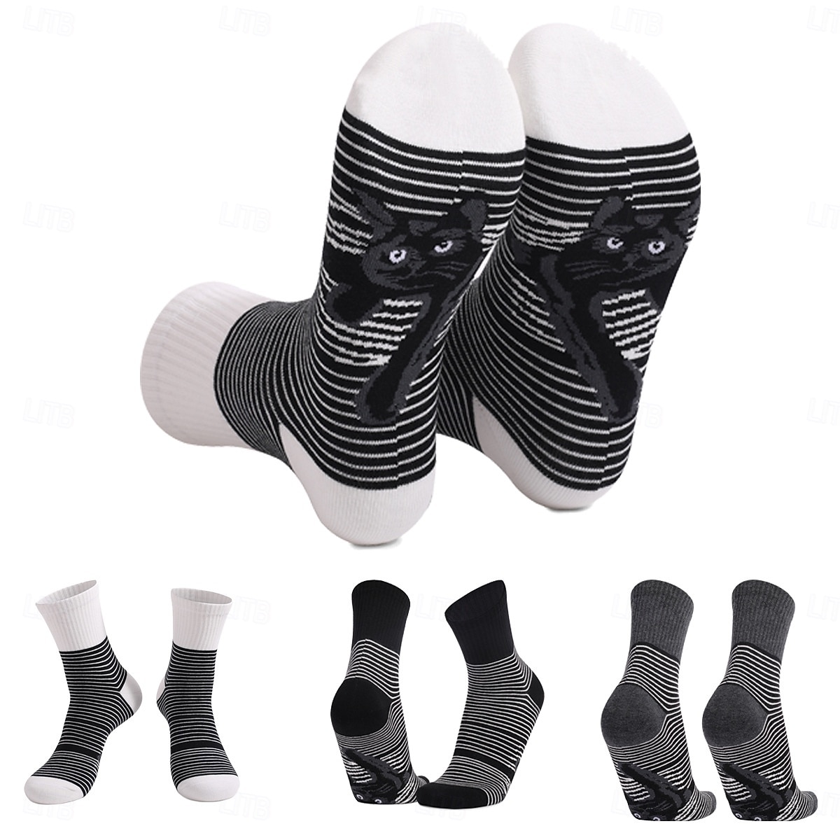 Men's Socks Black and White Stripes Animal Cat Print Plus Size Unisex Mid-Calf Socks Comfortable Casual Wear for Men and Women 2026 - $5.49 –P1