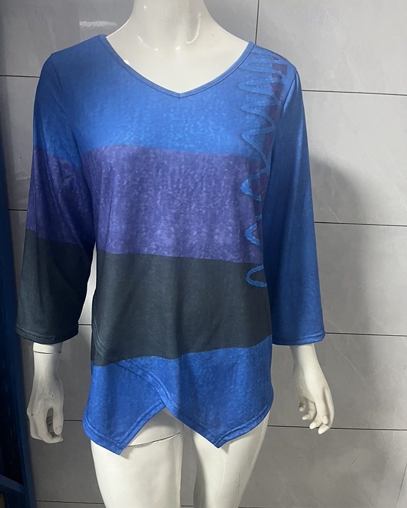 Жен. Футболка Пэчворк С принтом Контрастных цветов Винтаж Мода На каждый день Длинный рукав V-образный вырез Обычные топы Повседневные На выход выходные Синий Желтый Красный Лето Весна Осень 2026 - $25.99 –P5