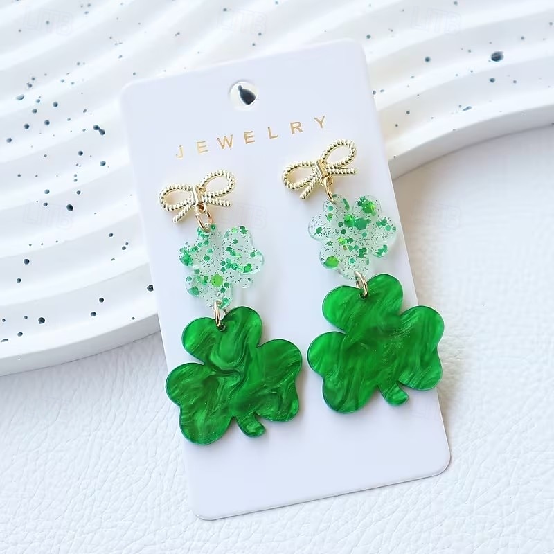 1 par de pendientes del Día de San Patricio, pendientes de trébol estrellado de acrílico verde con elegantes lazos, elegantes joyas colgantes para fiestas navideñas. 2026 - $9.99 –P3