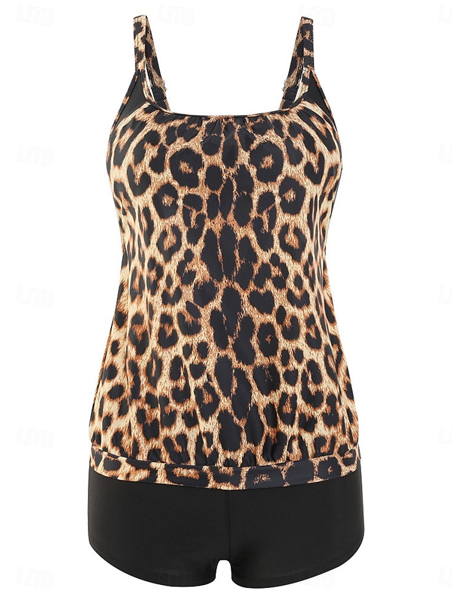 Bañador de tankini de 2 piezas para mujeres leopardo pantalones cortos control de abdomen alta cintura delgado espalda descubierta para vacaciones playa hojas cuello redondo sin mangas 2026 - $33.99 –P2