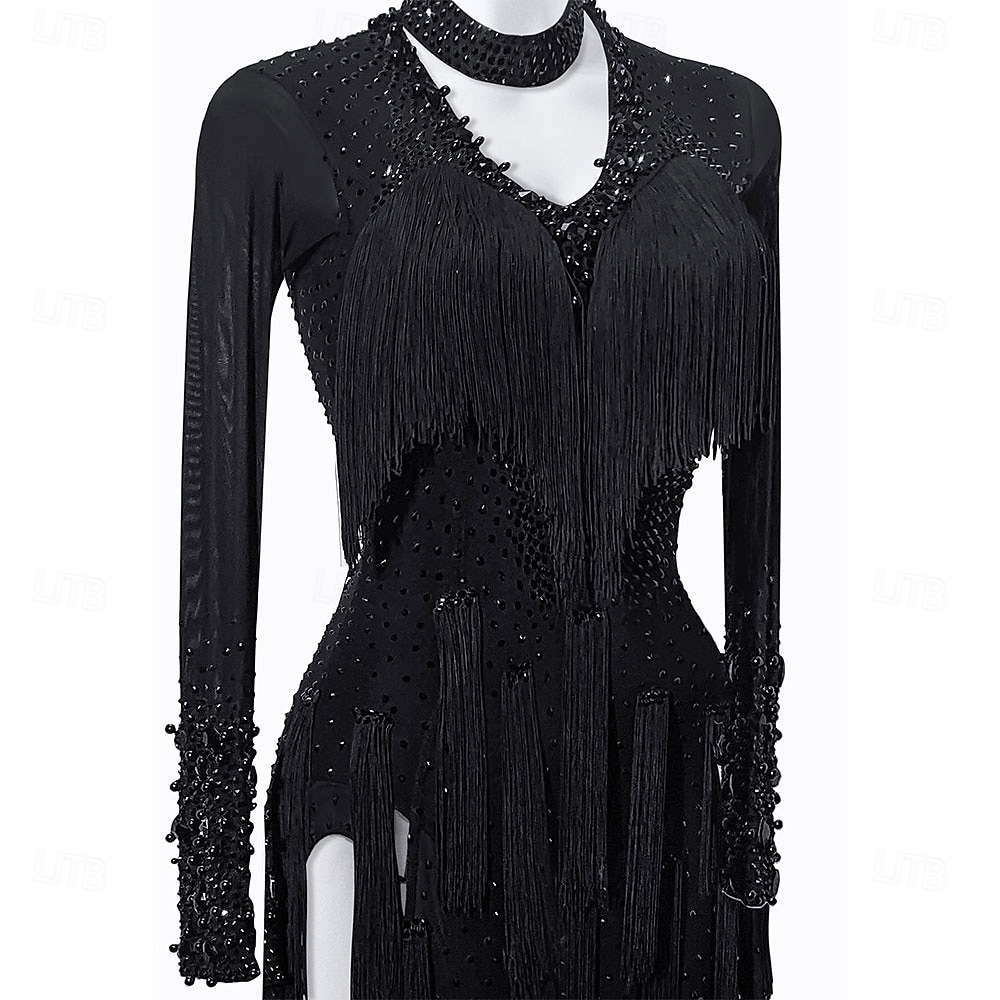 Γυναικείο μαύρο φόρεμα λάτιν χορού με χάντρες και κρόσσια - ασύμμετρη στολή χορού με μακριά μανίκια και λαιμόκοψη choker 2026 - $255.89 –P2