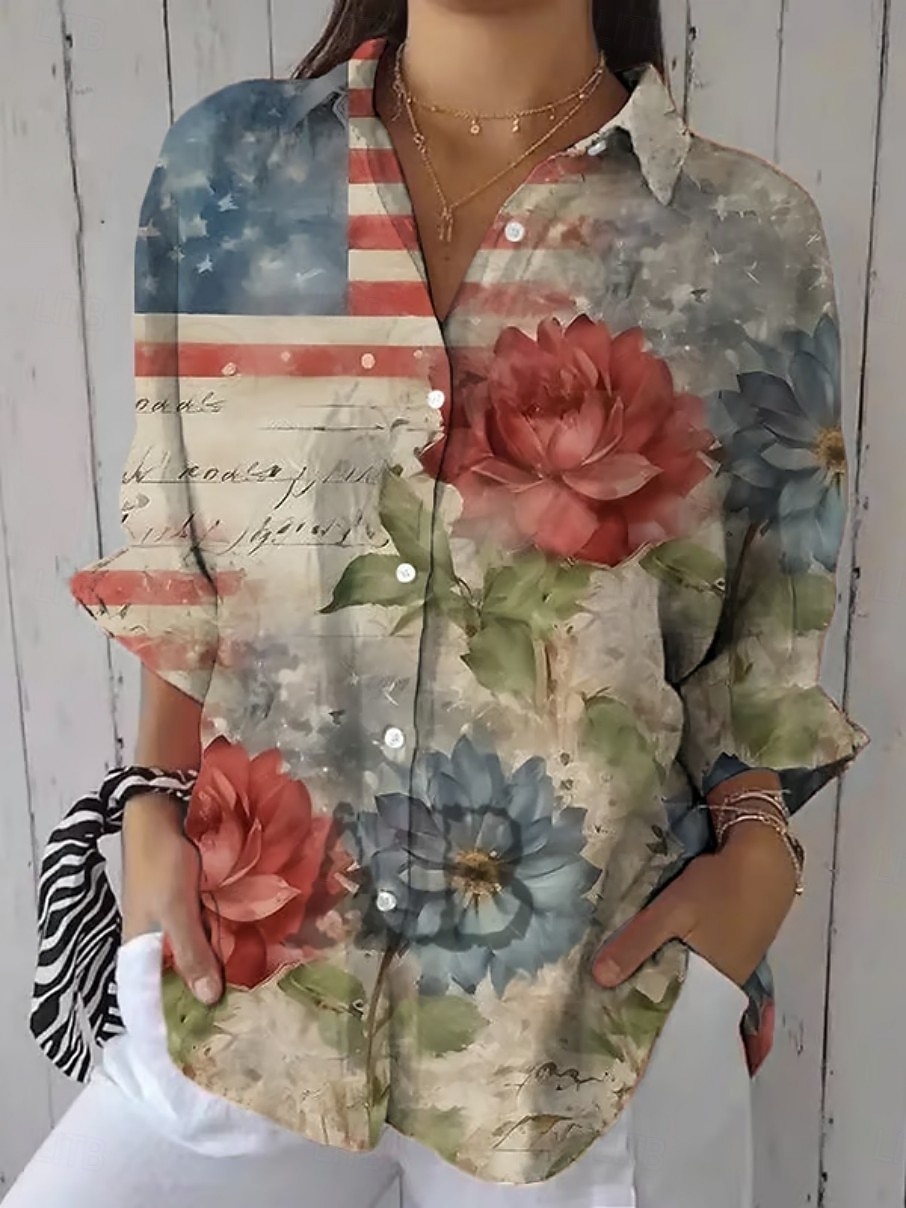 Uavhengighetsdag Patriotisk Kvinners Skjorte Blomster Grafisk Flagg Vintage Stylish Lang Erme Fladdermus Erme Bell Erme Skjortekrage Daglig Arbeid Ferie Rynket Hvit og Rød Sommer Vår Høst 2026 - $39.99 –P1