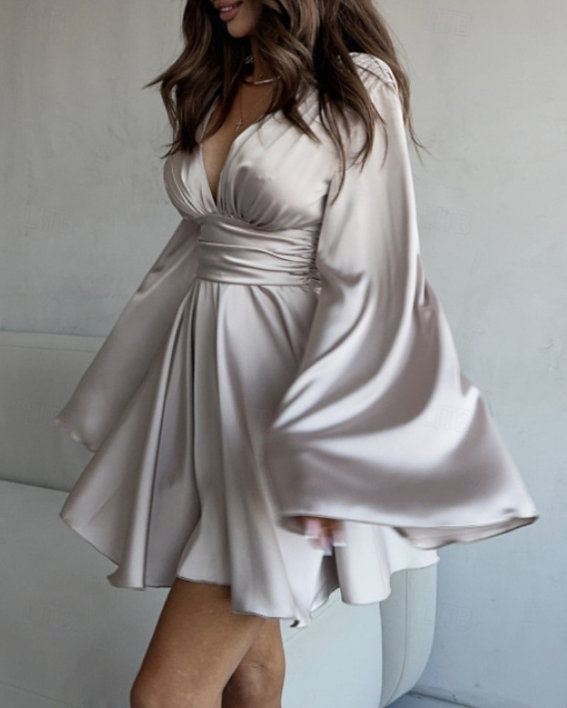 Naisten Mini mekko Satiini mekko Tanssiaispuku Juhlamekko Coctail-asu Muoti Moderni Iltajuhlat Juhla Cocktailjuhla Normaali Tavallinen Pitkähihainen V kaula-aukko Musta Ruskea Apila Harmaa Kevät Syksy 2026 - $41.99 –P6