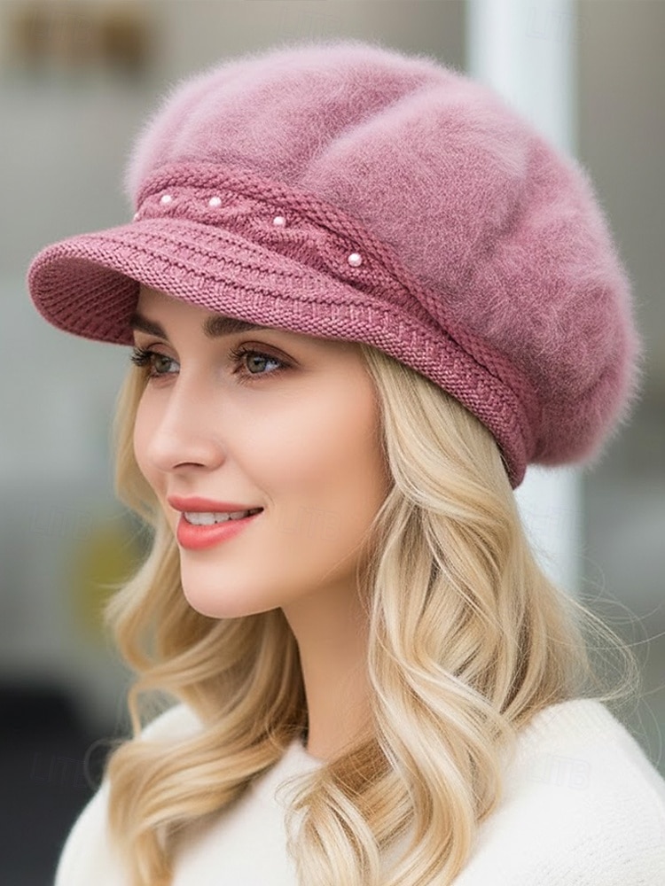 Dámská polyesterová čepice z umělé kožešiny, zdobená perlami, dostupná v několika barvách, ideální pro zimní outfity 2026 - $11.99 –P4