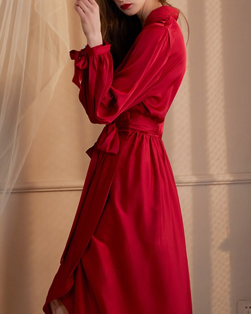 Dámské Župan Na běžné nošení Měkké Satén Čistá barva Nabírané šaty Šněrování Denní Domů Postel Dlouhý rukáv Do V Černá Bílá Šampaňská Světlá růžová Fialová Léto Jaro Běžný 2026 - $54.99 –P2