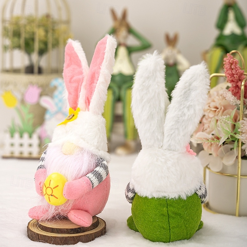 Set van 2 paasdecoraties: roze oortjes, geruite konijntjes, kabouters en elfjes, poppetjes voor Pasen, huisdecoratie, lentedecoratie, schattige beeldjes voor in de woonkamer. 2026 - $12.99 –P3