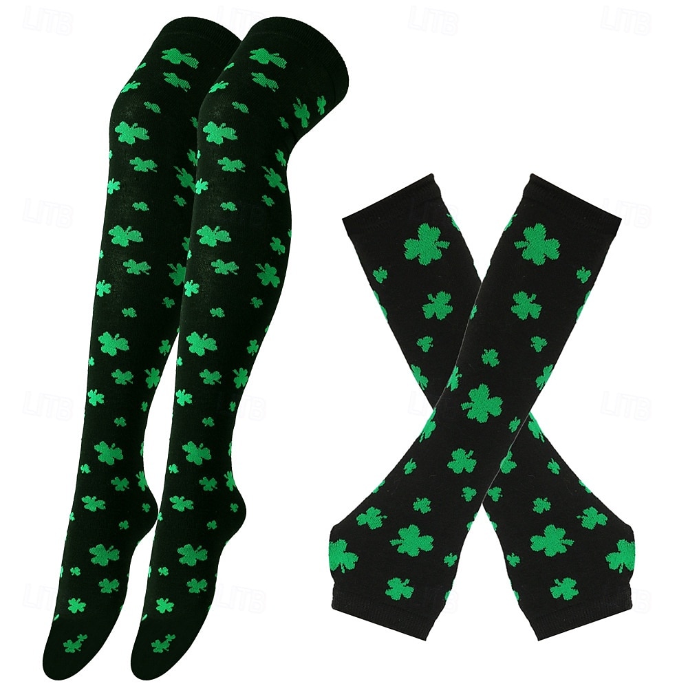 dámská ponožka ke Dni svatého Patrika &sada návleků na ruce, 4dílné podkolenky s potiskem trojlístku a rukavice bez prstů, sváteční doplňky v irsko zelené barvě pro ženy &holky, ideální pro průvody ke 2026 - $19.99 –P5