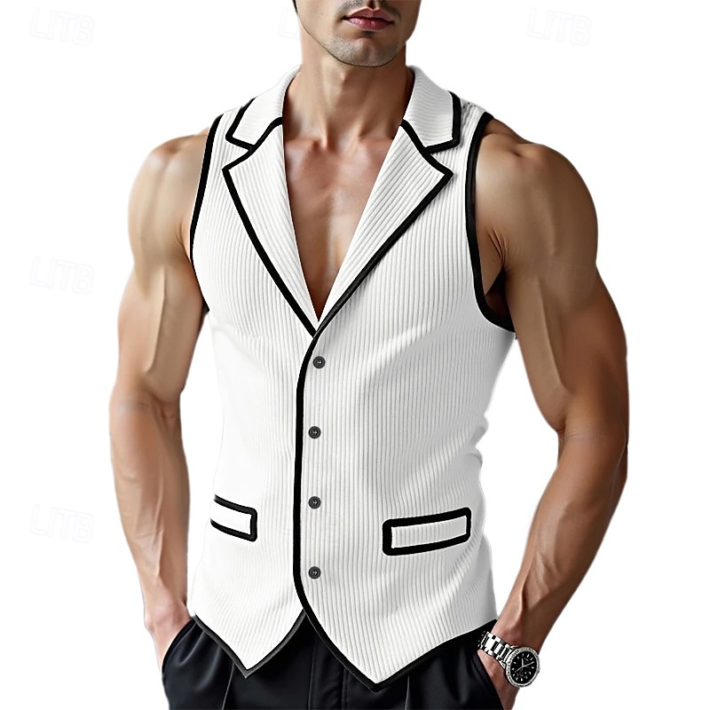 Hombre Camiseta sin mangas Camisa de Pana Camisa sin mangas Sin Mangas Cuello Barco Verano Primavera Bloque de color Tira de pozo Moda Design Músculo Botón frontal Exterior Noche Blanco Camiseta 2026 - $26.99 –P8