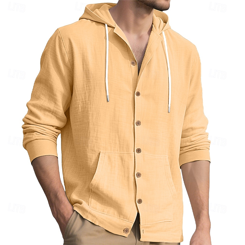 Men's Shirt Linen Shirt Summer Shirt Beach Wear Hooded Shirt Solid Color Vacation Street Black White Yellow Navy Blue Long Sleeve Shirt Collar Summer Spring Clothing Apparel Pocket 2026 - $24.99 –P10
