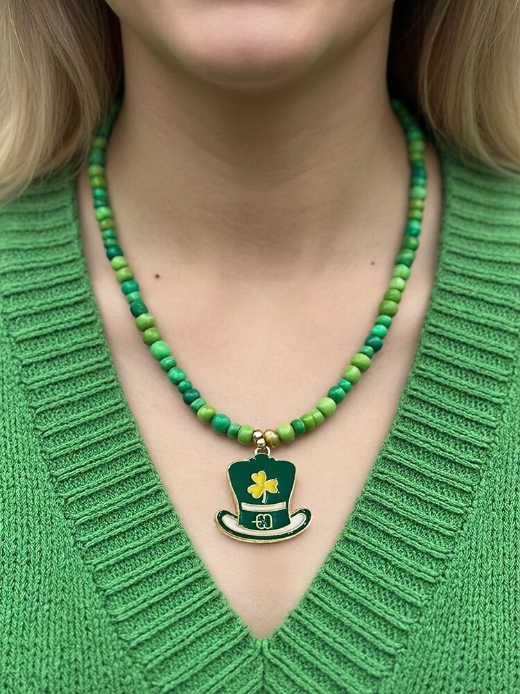 Dámský náhrdelník s trojlístkem ze slitiny a akrylu s různými styly přívěsků, zelené korálky, ideální na Den svatého Patrika i na každodenní nošení 2026 - $7.99 –P2