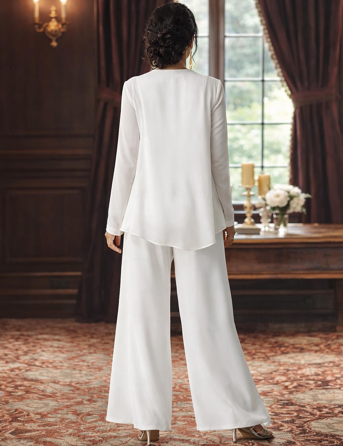 Traje de pantalón Traje de 3 piezas Hasta el Suelo Vestido de Madrina Sin Mangas Barco de cuello Elegante Talla Grande Bolero incluido Formal Invitado a la boda Gasa con Encaje 2026 - $126.99 –P3