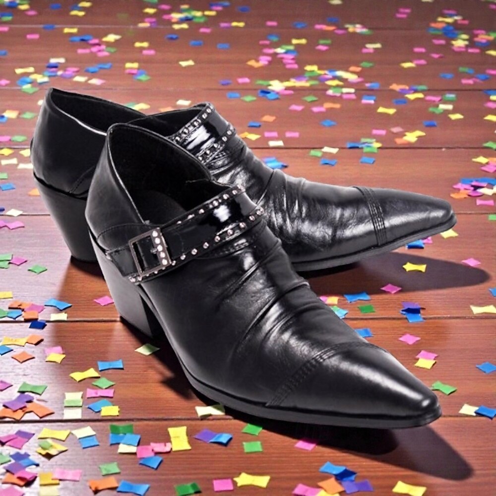 Sapatos de Salto Pretos Masculinos de Mardi Gras com Bico Pontudo e Fivela com Studs Moda Tendência para Carnaval Festas e Eventos Noturnos de 2026 por $94.99 –P1