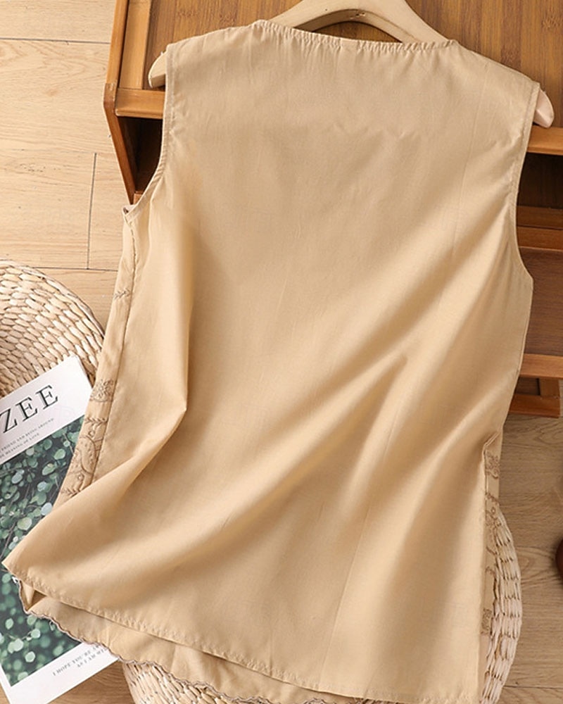 Жен. Летние вершины Блуза Искусственный хлопок и лен Рюши Пэчворк Вышивка Сплошной цвет Элегантный стиль Дамы Стиль Без рукавов U-образный вырез Обычные топы Повседневные Офис На выход 2026 - $21.99 –P7