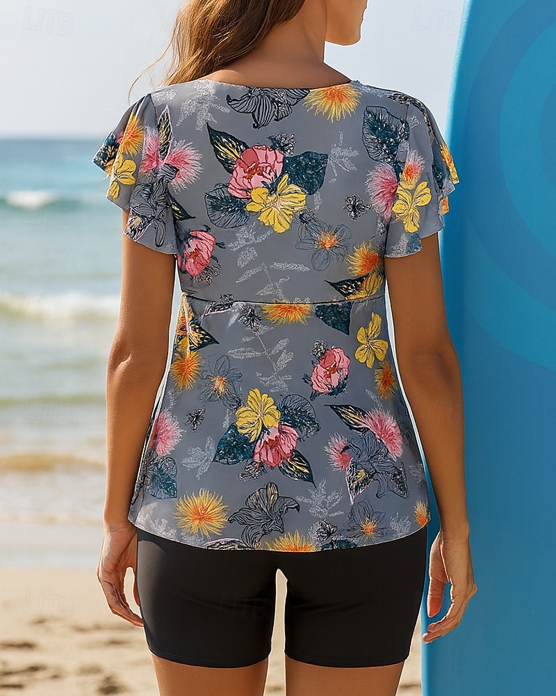 2026年 女性用 水着 2個 フラワー Ｖネック フレアスリーブ UVプロテクション 弾性ある 半袖 スイムウェア サーフィン ビーチ 水泳 夏  コレクション – $22.99 –P2