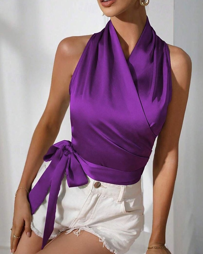 Жен. Блуза Открытая спина Полотняное плетение Стиль Секси Без рукавов НАЙКА НЕКО Обычные топы Праздники На выход Синий Черный Цвет шампанского Светло-зеленый Лиловый Лето Весна 2026 - BHD 10.12 –P7