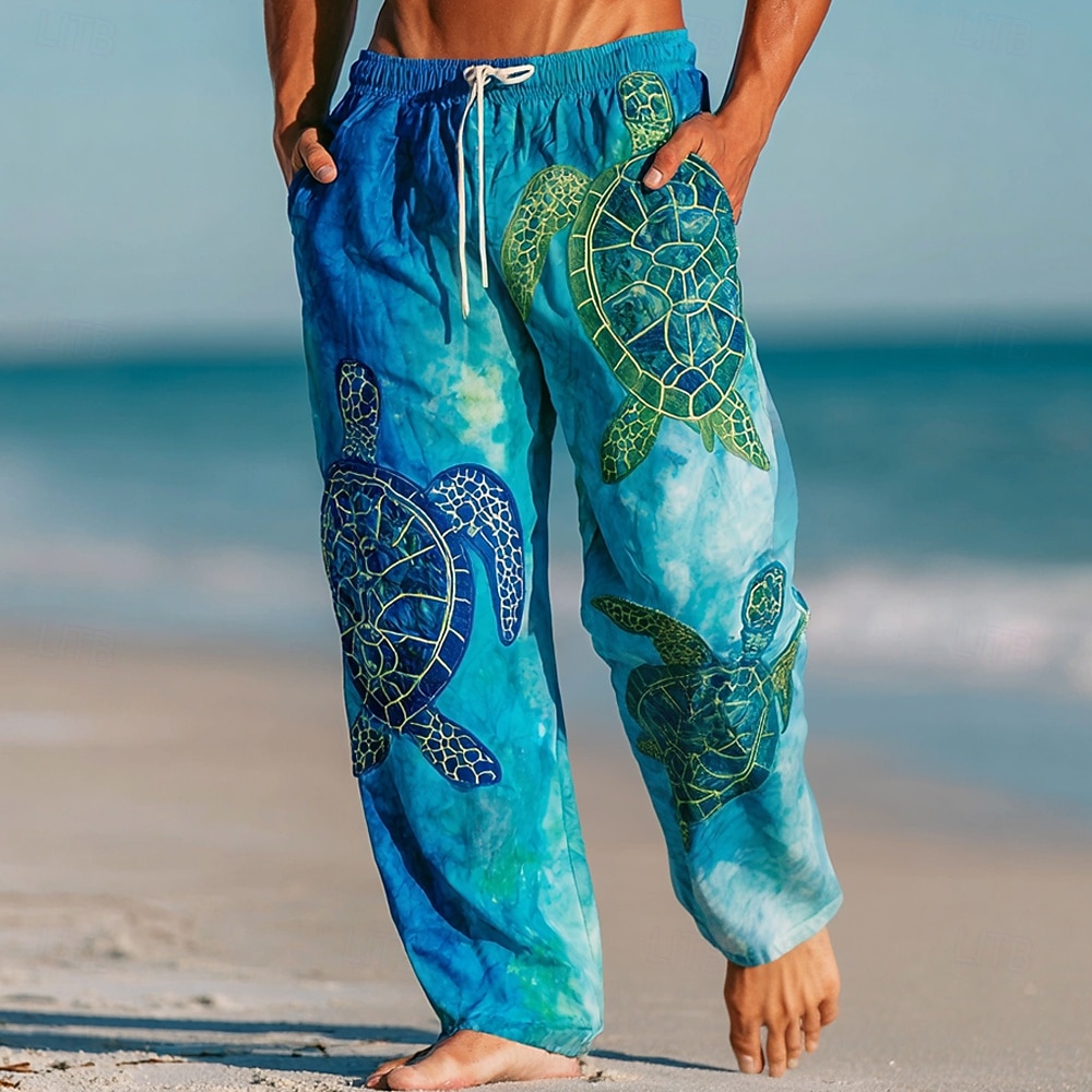 Men's Turtles Sea Creatures Trousers Casual Pants Baggy Pants Mid Waist Hawaiian Outdoor Vacation Beach Wear Elastic Drawstring Waist Linen-Like Pants with Pockets Summer Spring 3D Print Blue Sky 2026 - $27.99 –P1