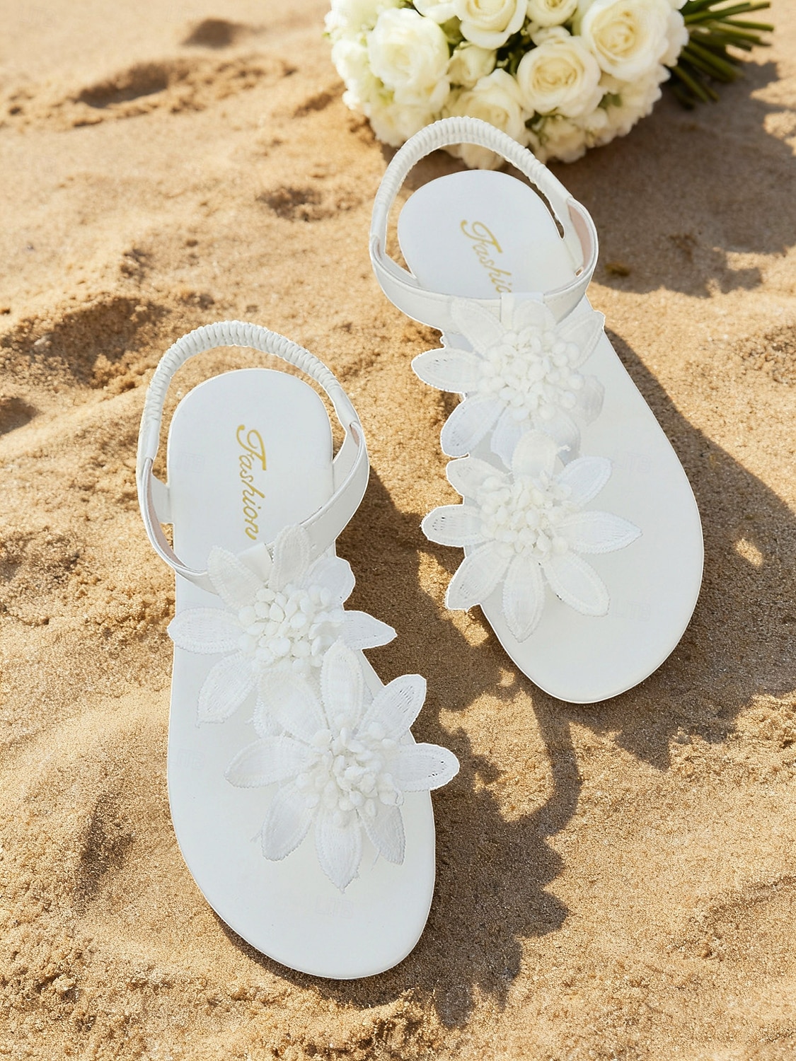 białe sandały damskie z kwiatowym wzorem i koralikami - eleganckie płaskie buty ślubne na plażowe ceremonie, suknie ślubne &obuwie dla druhen na lato na imprezy plenerowe nad morzem 2026 - $19.99 –P5