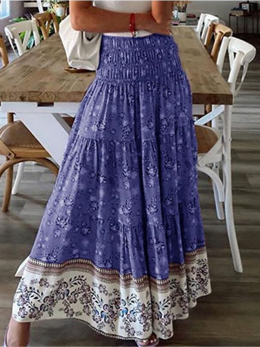 Mulheres Boêmia Moda Casual Longo Cintura Alta Saias Floral Imprimir Com Stretch Diário Rua Vermelho Azul Roxo Verde Primavera de 2026 por $28.99 –P4